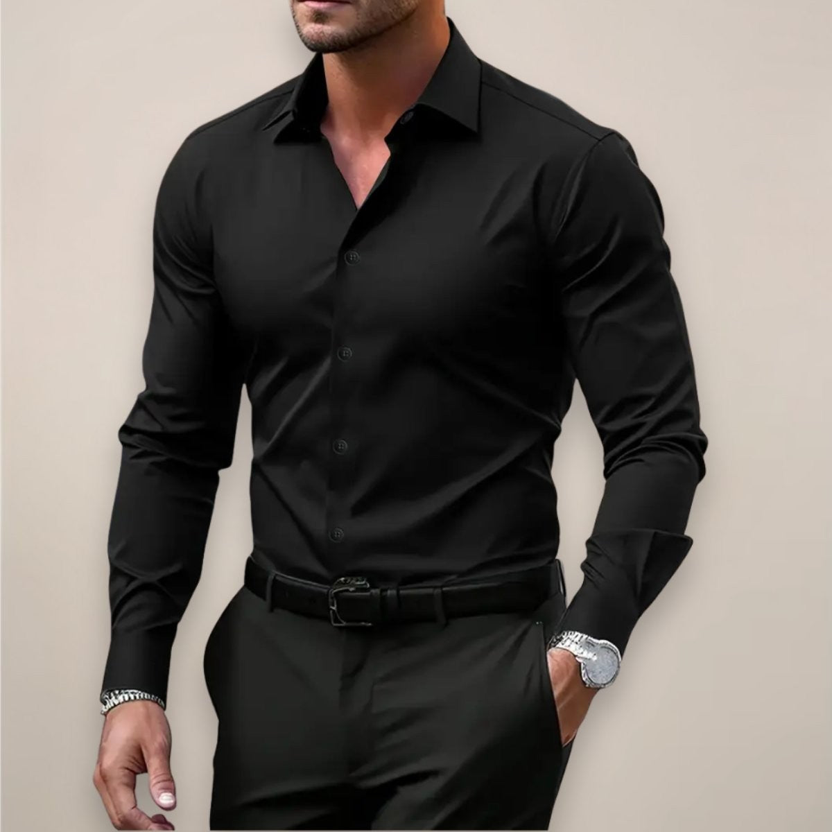 Black slim-fit long-sleeve shirt worn tucked with a matching belt