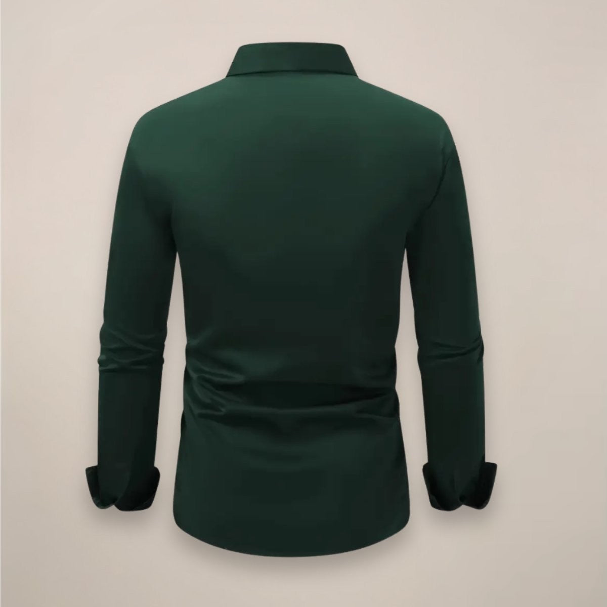 Rear view of dark green slim-fit shirt showing tailored back seam