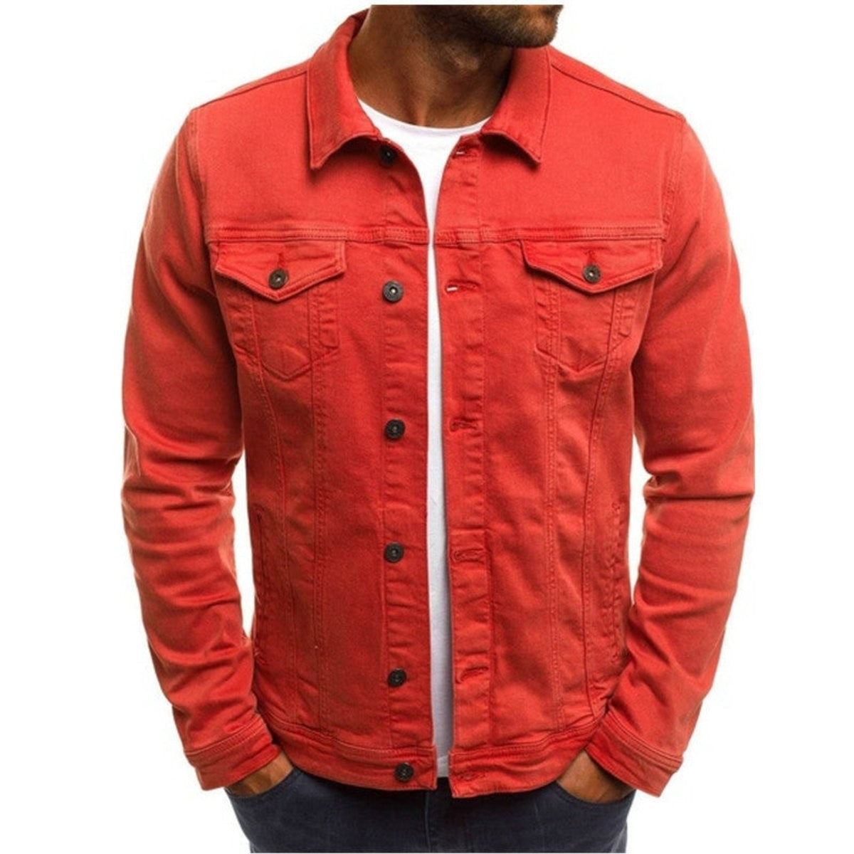Rust red denim jacket worn casually over a white tee