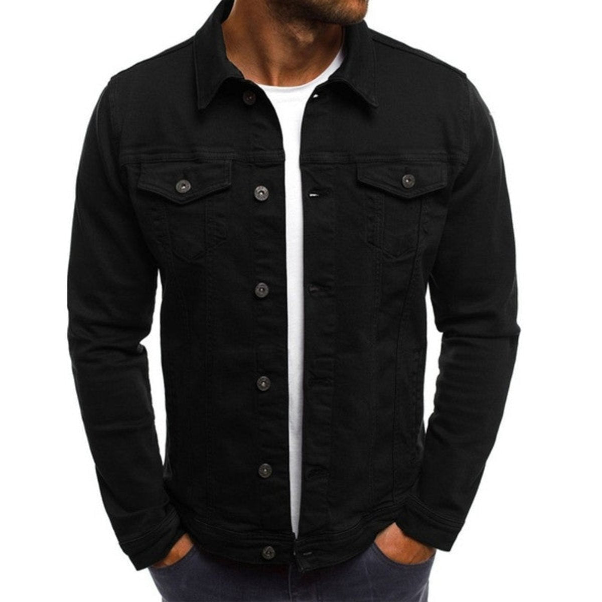 Black denim jacket with button-up front and chest pockets