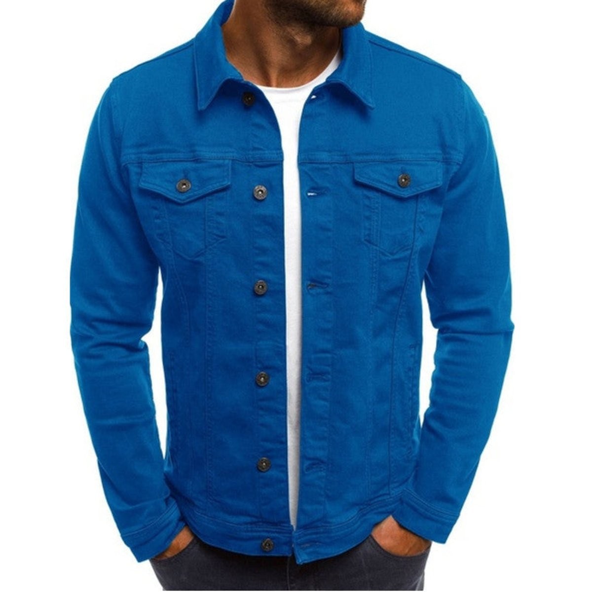 Vivid blue denim jacket with classic collar and metal buttons
