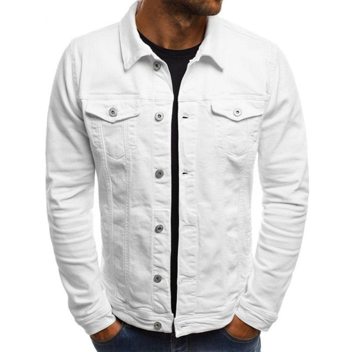 Casual white denim jacket with classic collar and metal buttons