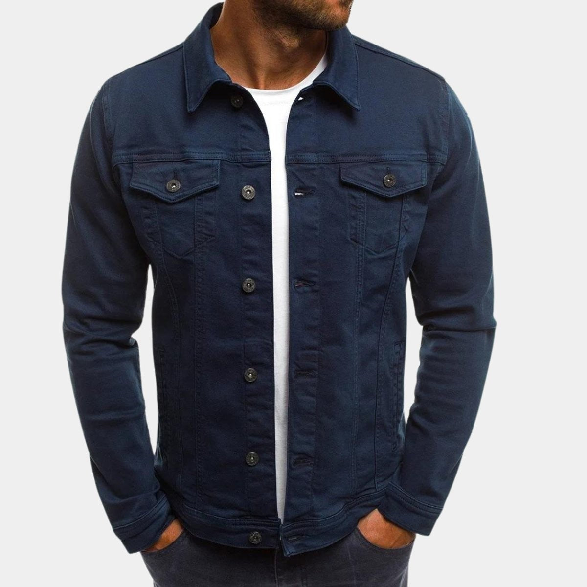 Navy denim jacket with classic collar, buttoned front and chest pockets
