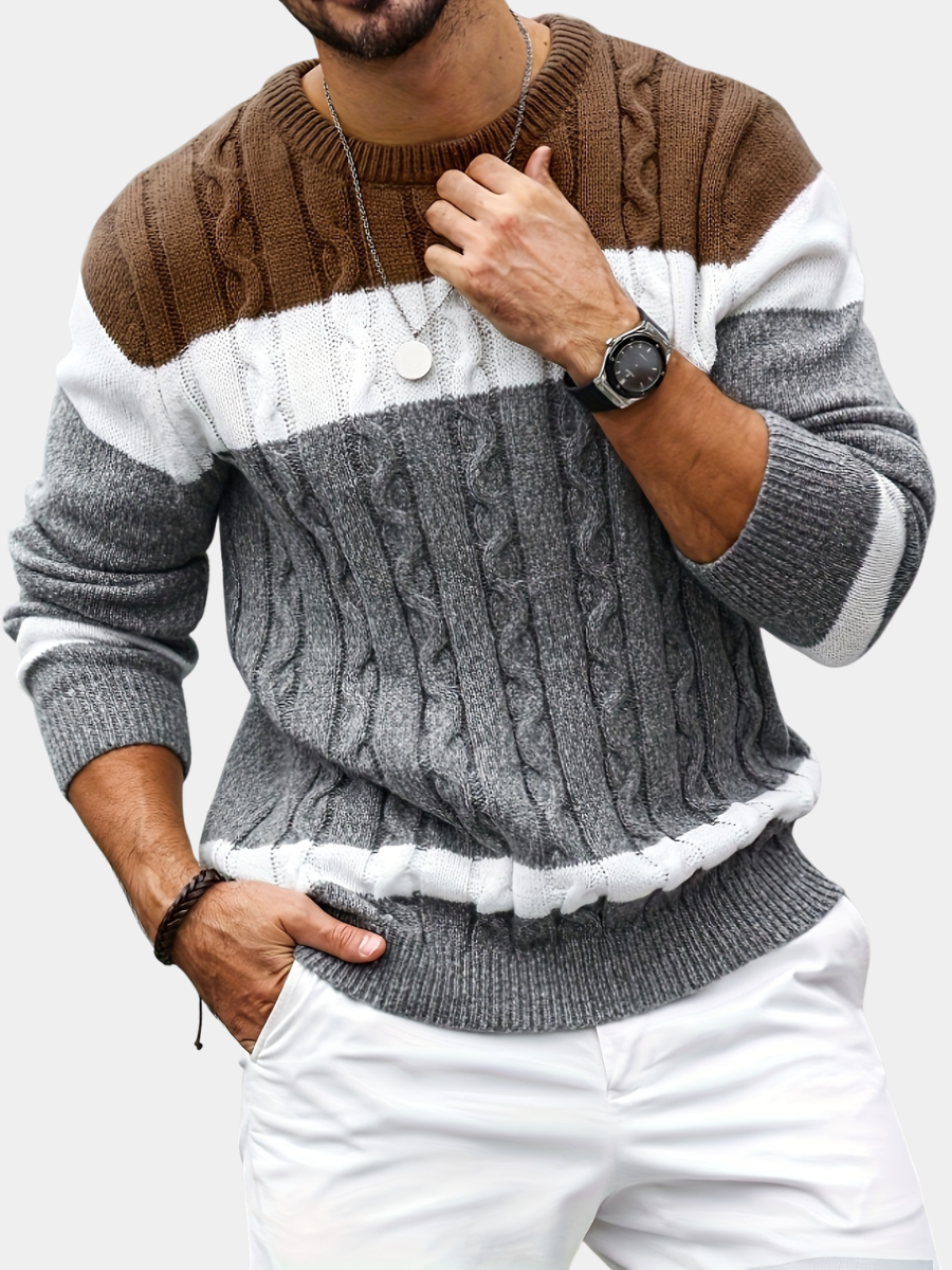 Men's cable knit jumper in brown, white and grey colour block design