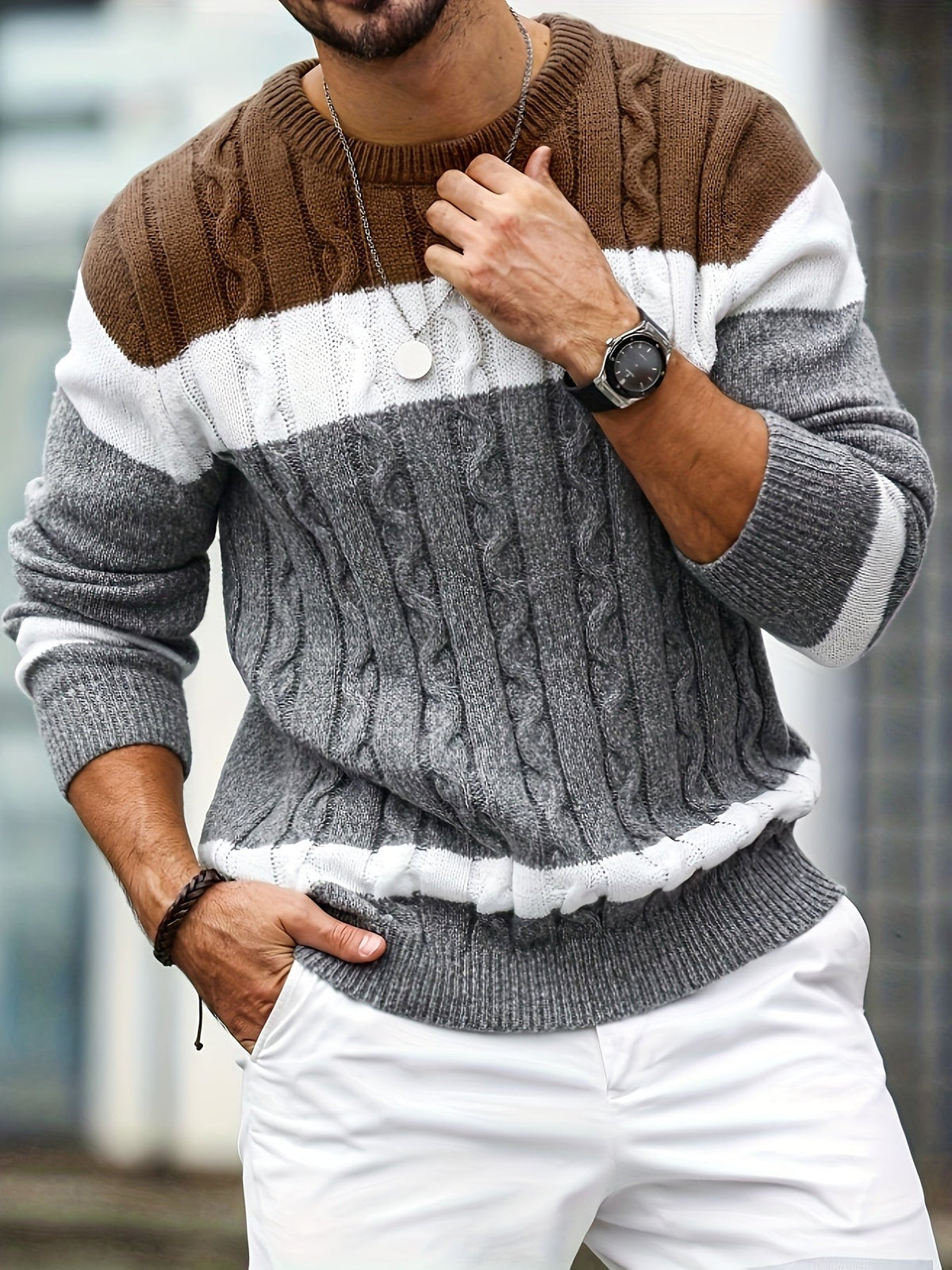 Colour block cable knit jumper with tan, white and grey stripes on model