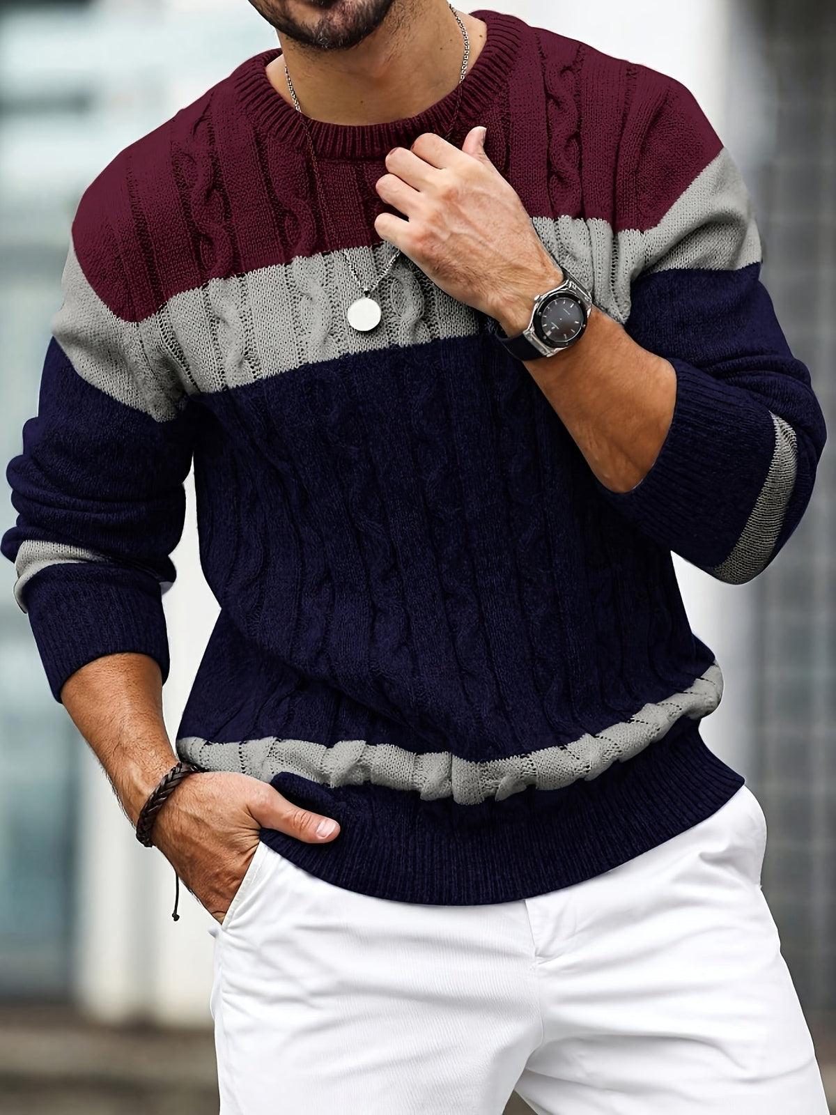 Burgundy, grey and navy colour block cable knit jumper for men