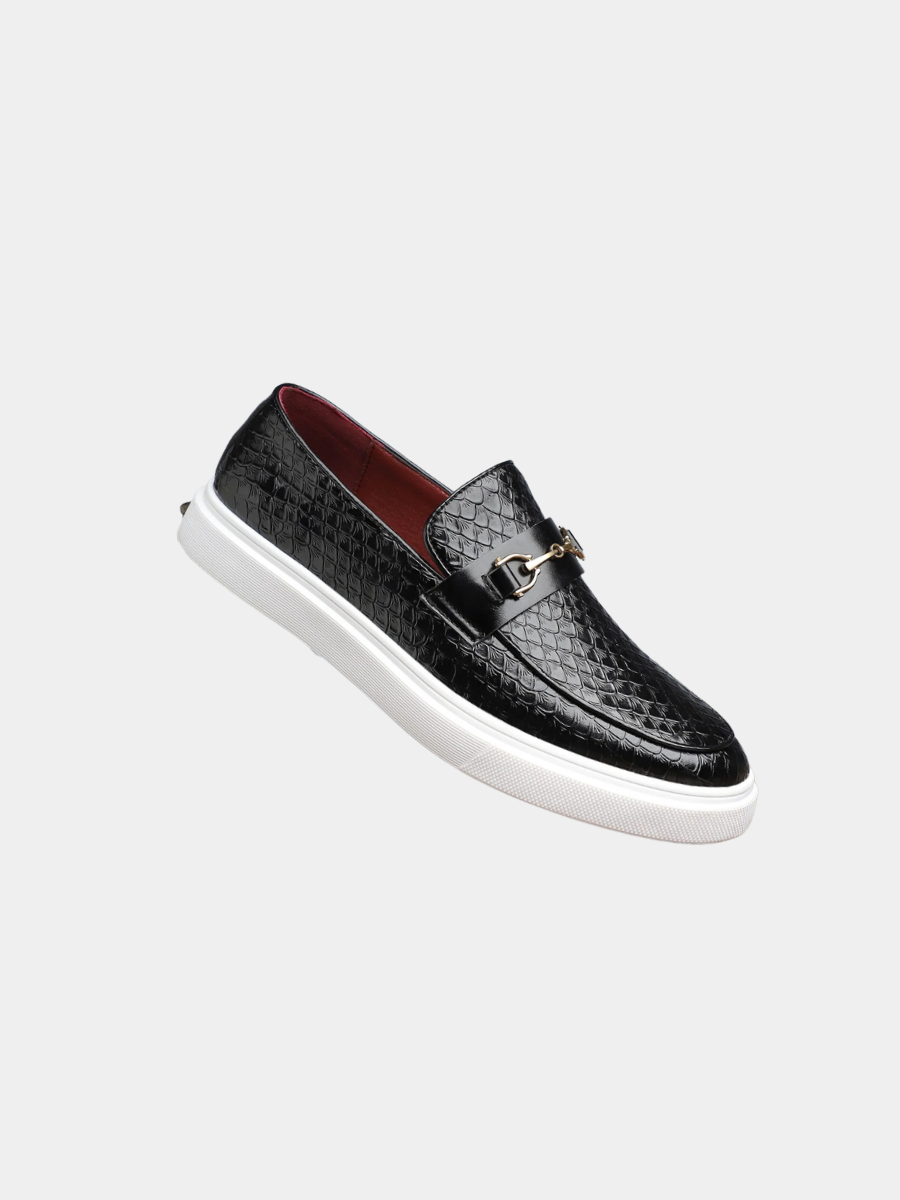 Black croc-embossed leather loafers with gold snaffle bar and white sole