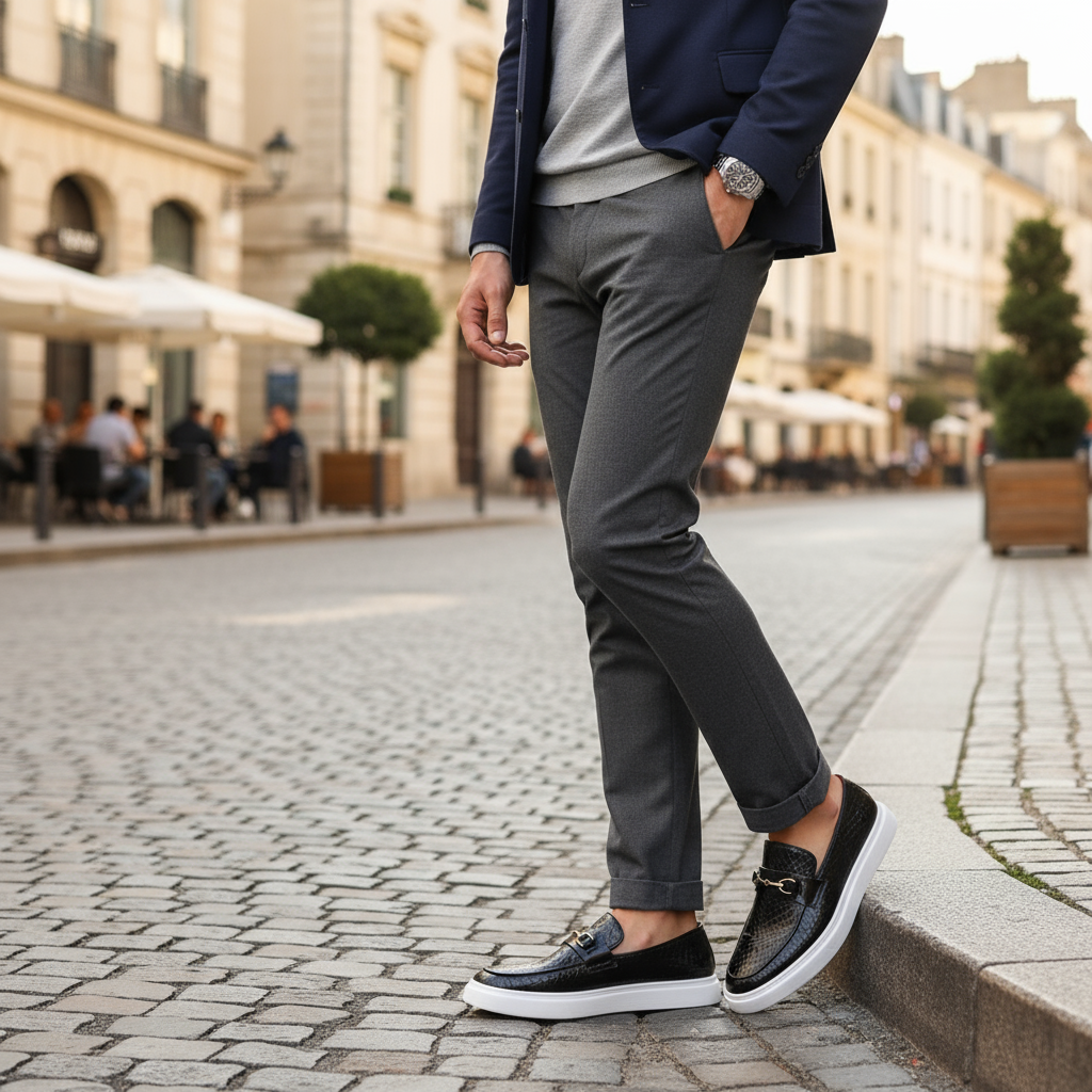 Man in navy blazer and grey trousers wearing black snakeskin-effect loafers
