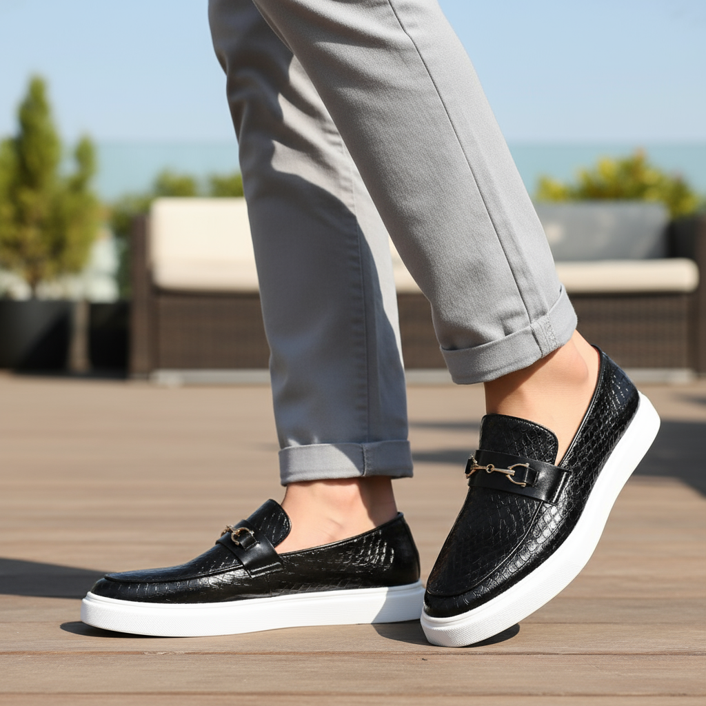 Close-up of black textured leather loafers worn with rolled grey trousers