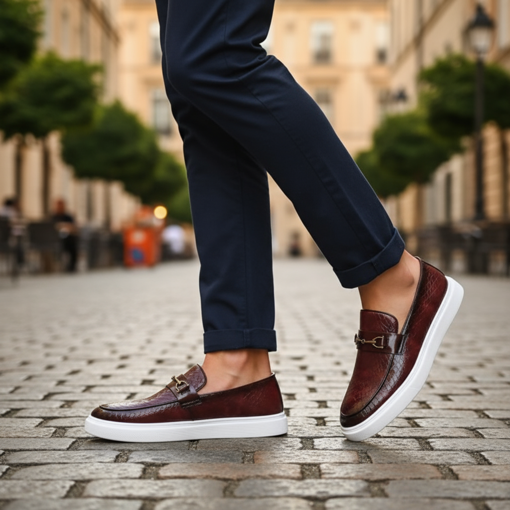 Man walking outdoors in black embossed leather loafers and grey trousers