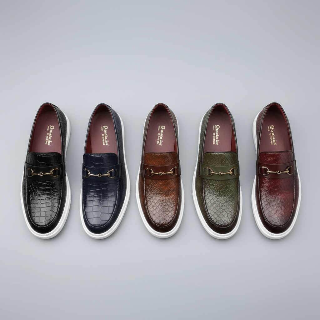 Close-up of burgundy leather loafers worn with navy tailored trousers