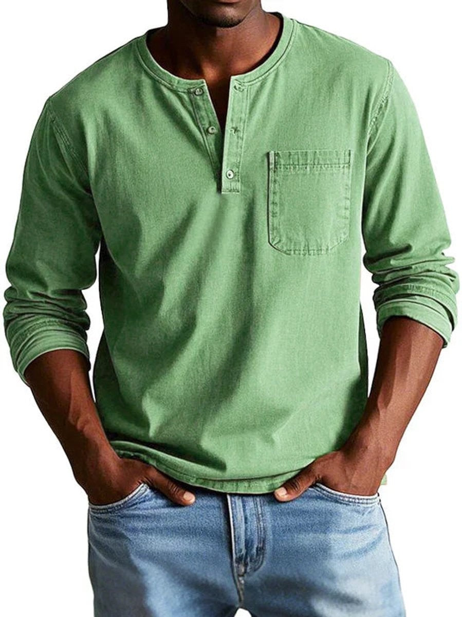 Sage green Henley long-sleeve shirt with button placket and chest pocket