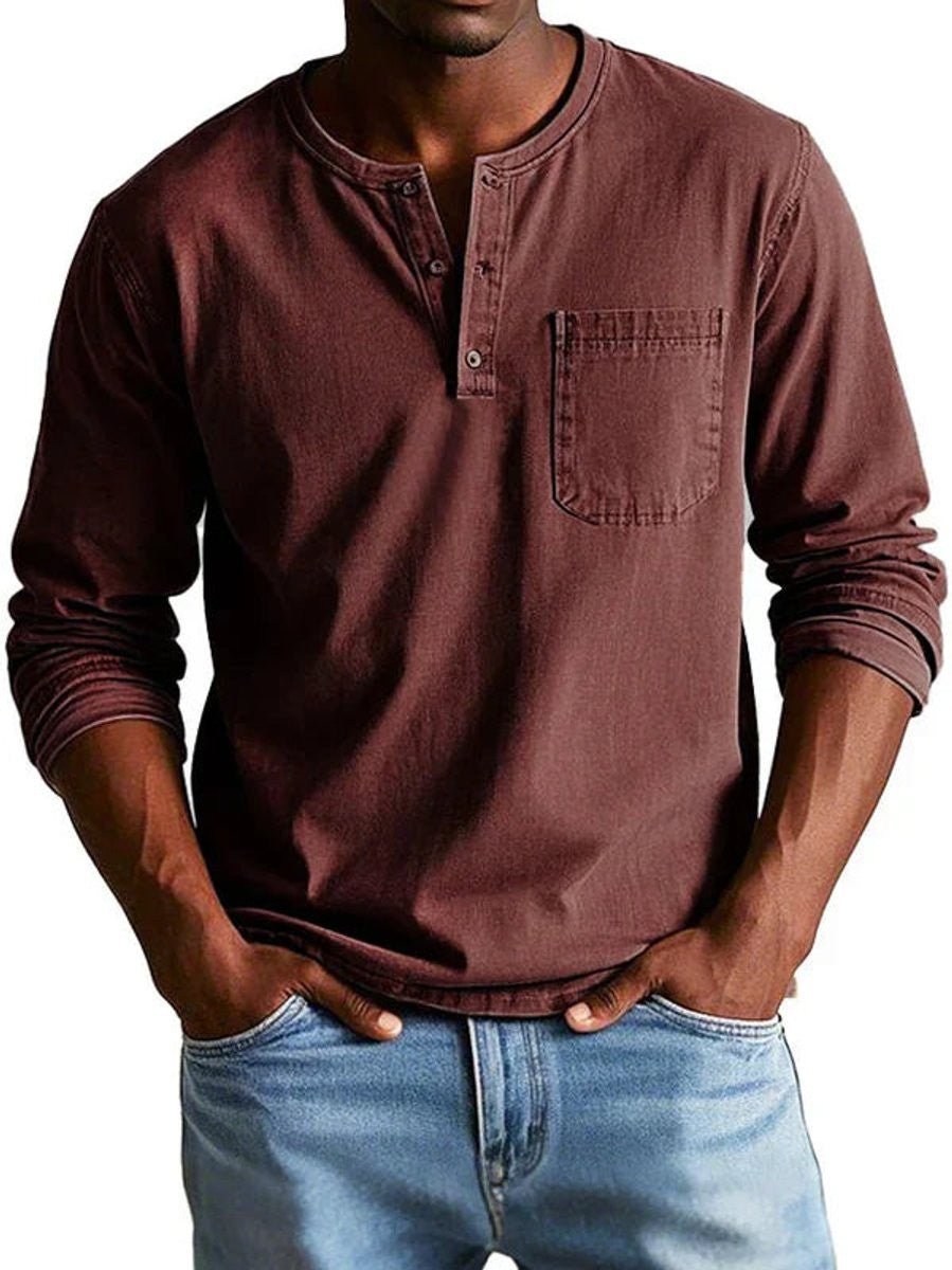Maroon Henley long-sleeve shirt with relaxed fit and stitched pocket