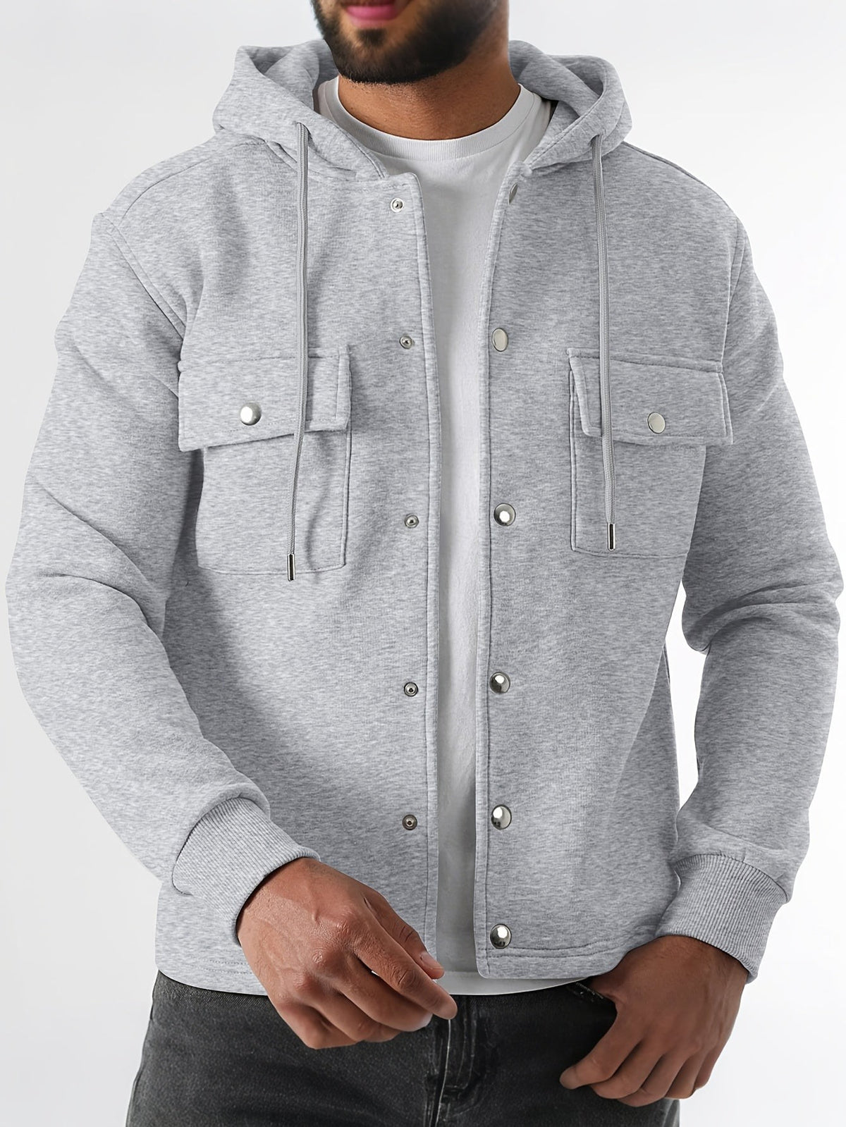 Men's grey hooded jacket featuring press-stud fastening and chest pockets