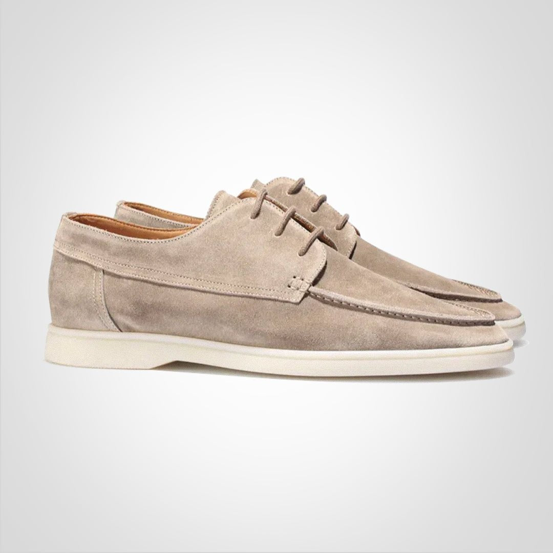 Taupe suede lace-up derby loafers featuring moc-toe seam and white sole