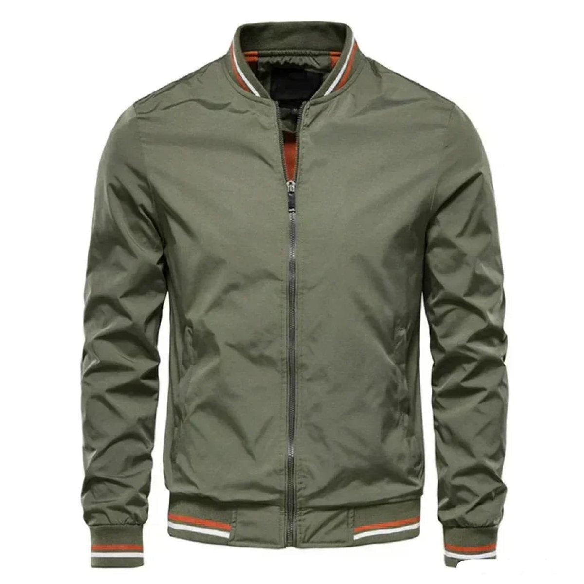 Olive green men's bomber jacket with orange striped ribbed trims