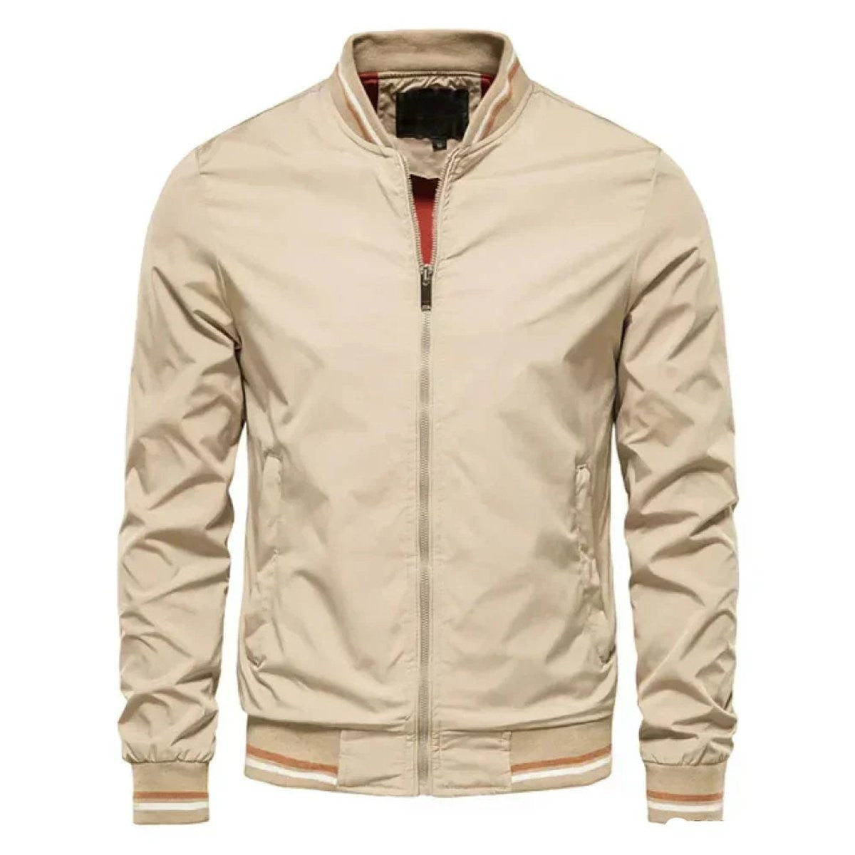 Beige lightweight bomber jacket with striped ribbed cuffs and collar