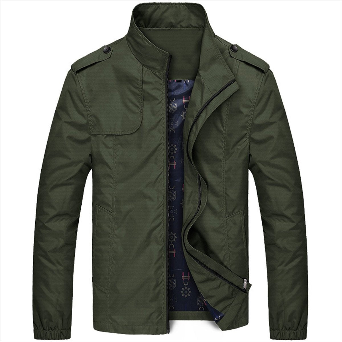 Men's khaki green lightweight jacket showing patterned inner lining
