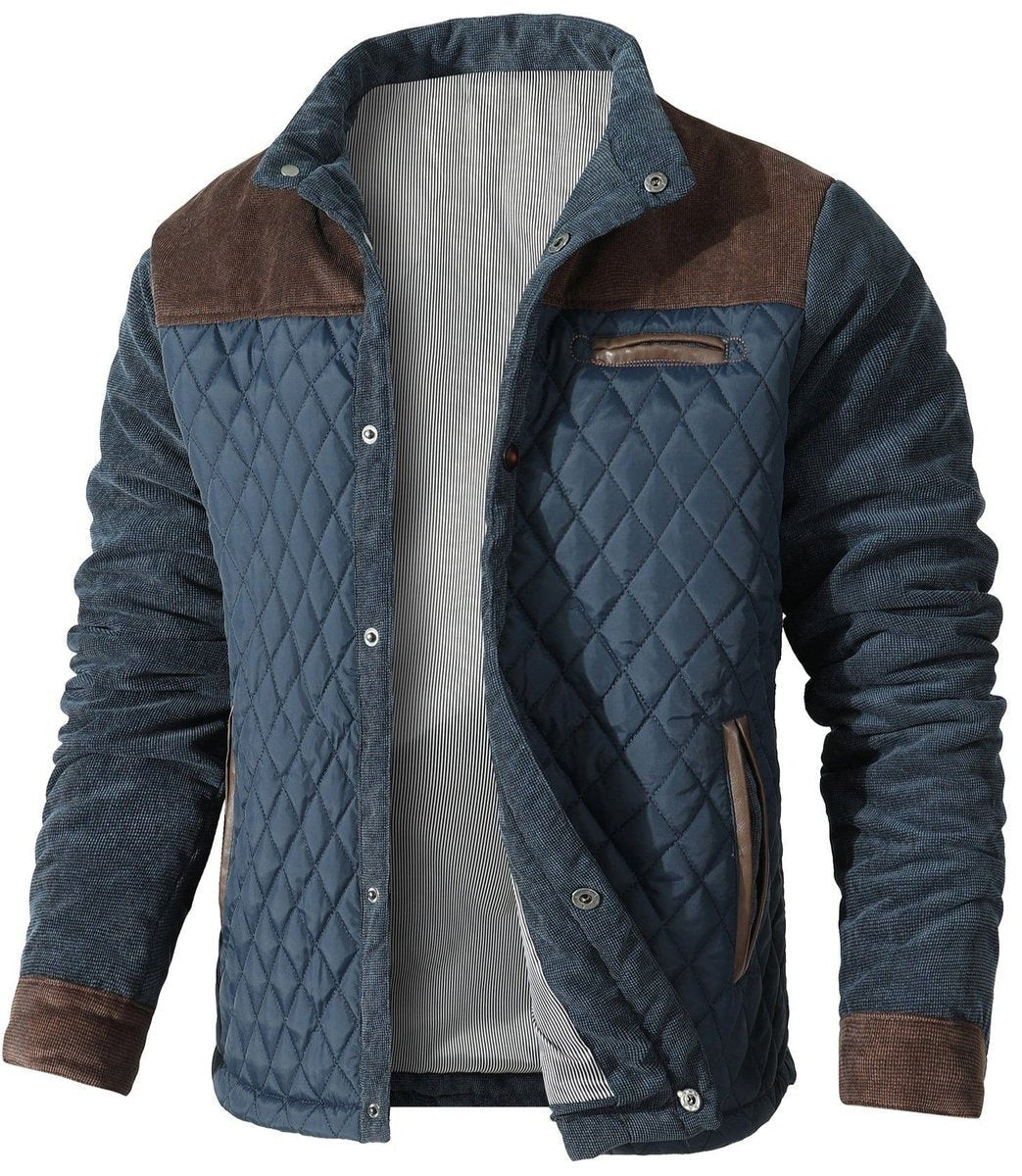 Navy quilted bomber jacket with brown corduroy shoulder and collar panels