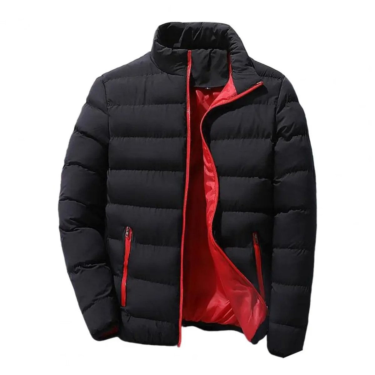 Black quilted puffer jacket with red inner lining detail