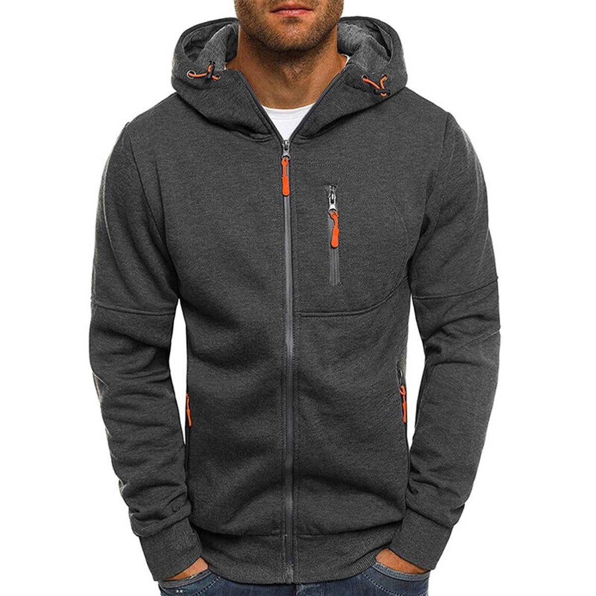 Charcoal grey zip-up hoodie with orange zip pullers and drawcords