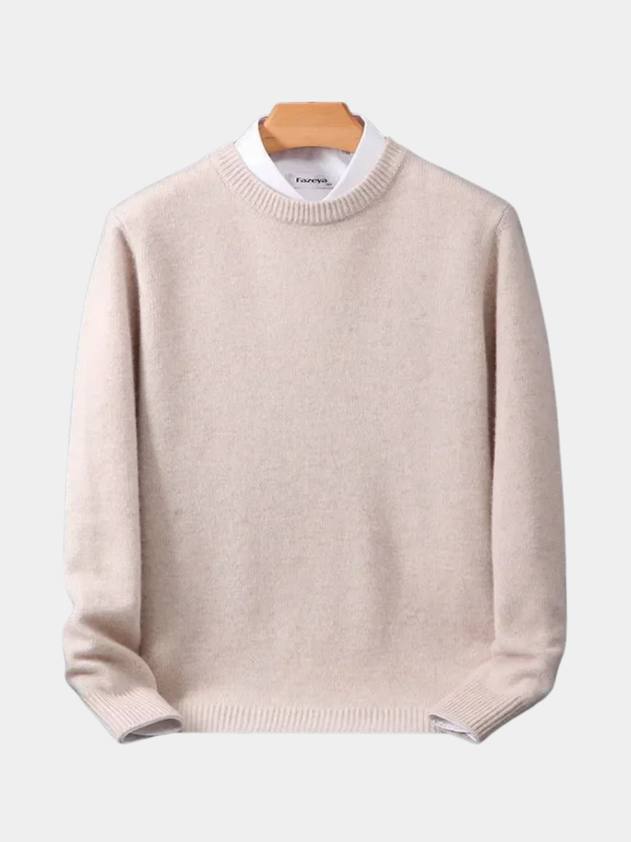 Beige knitted jumper with mock neck and layered white shirt collar