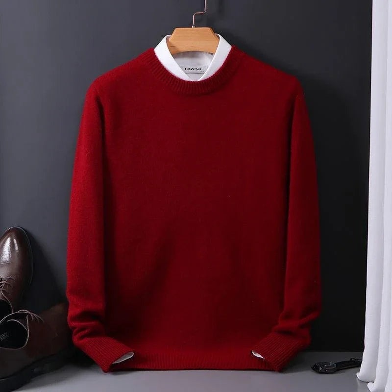 Wine red mock-neck jumper with ribbed cuffs on wooden hanger