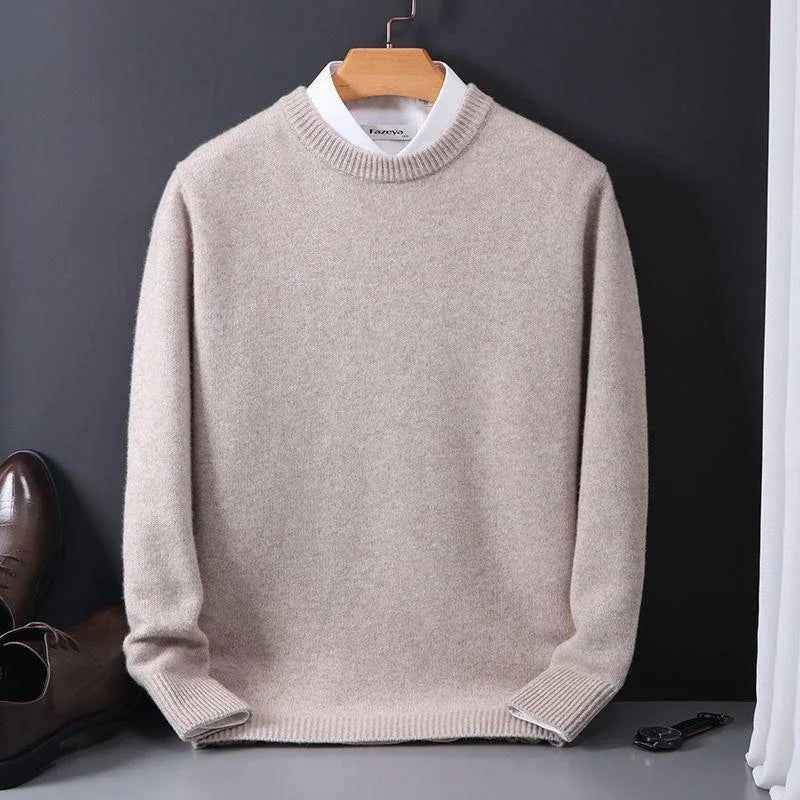 Oatmeal mock-neck jumper with white shirt collar and ribbed trim