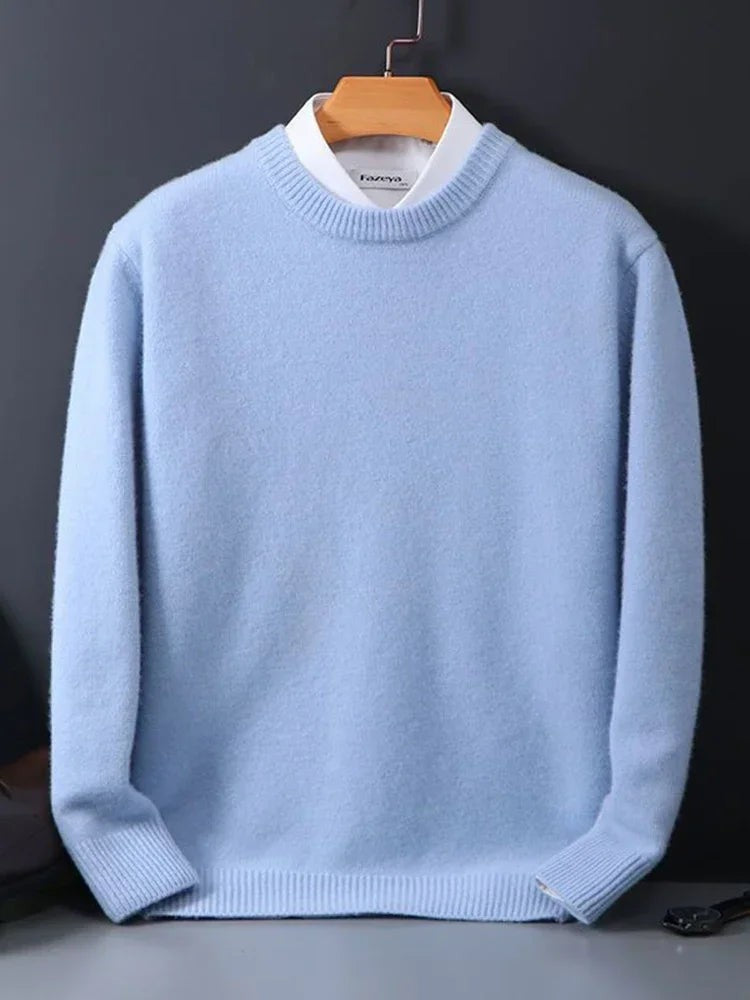 Pale blue mock-neck jumper with contrasting white shirt collar
