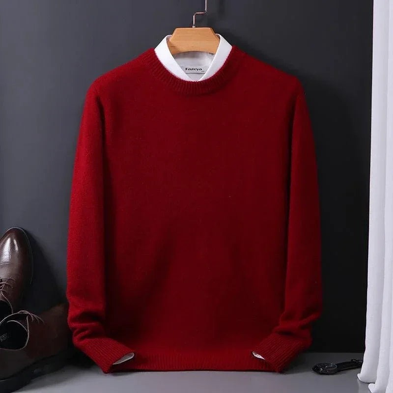 Wine red mock-neck jumper hung with white collared shirt beneath