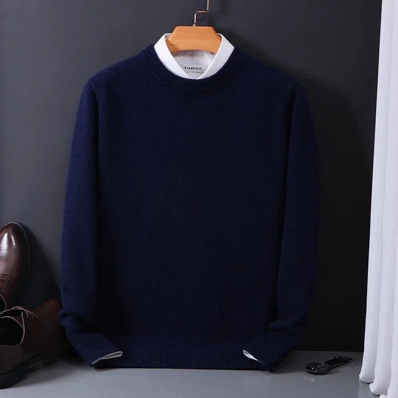 Navy mock-neck jumper with white shirt collar peeking through