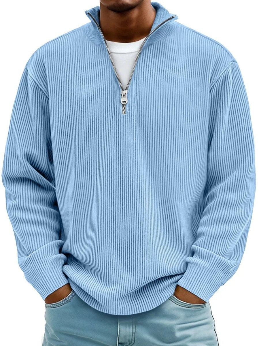 Sky blue ribbed quarter-zip jumper with funnel collar on men's knitted pullover