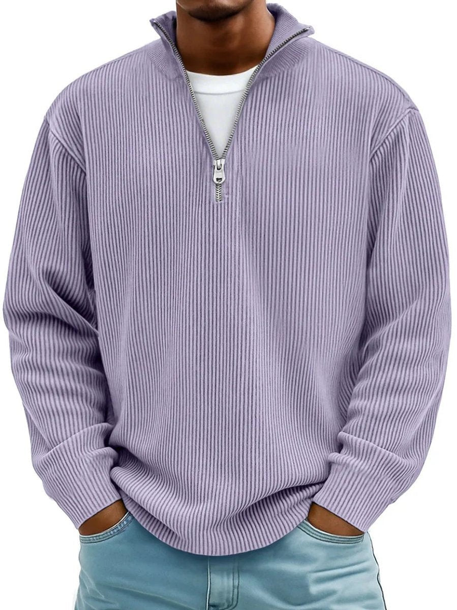 Lilac ribbed quarter-zip jumper with funnel collar on men's knitted pullover