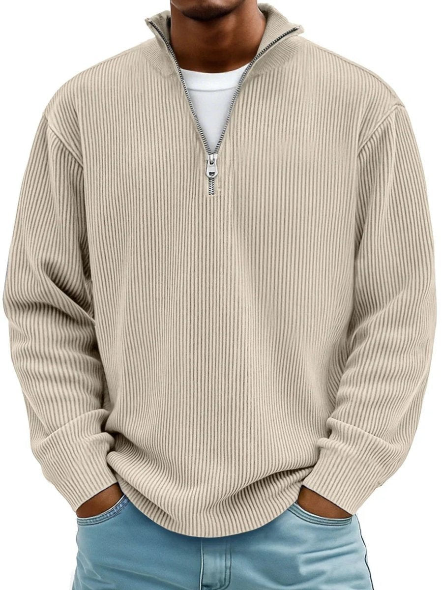 Beige ribbed quarter-zip jumper with funnel collar on men's knitted pullover