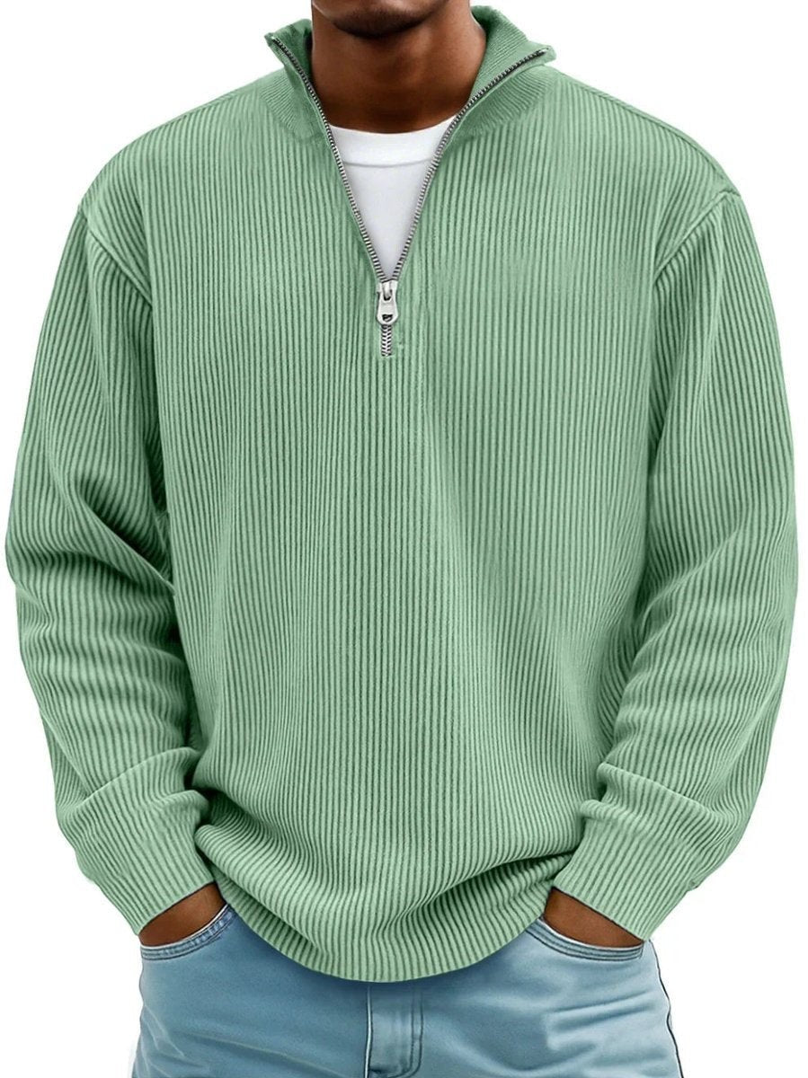 Sage green ribbed quarter-zip jumper with funnel collar on men's knitted pullover