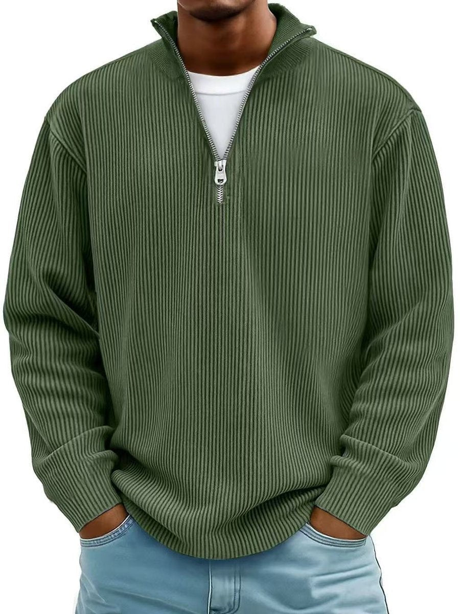 Olive green ribbed quarter-zip jumper with funnel collar on men's knitted pullover