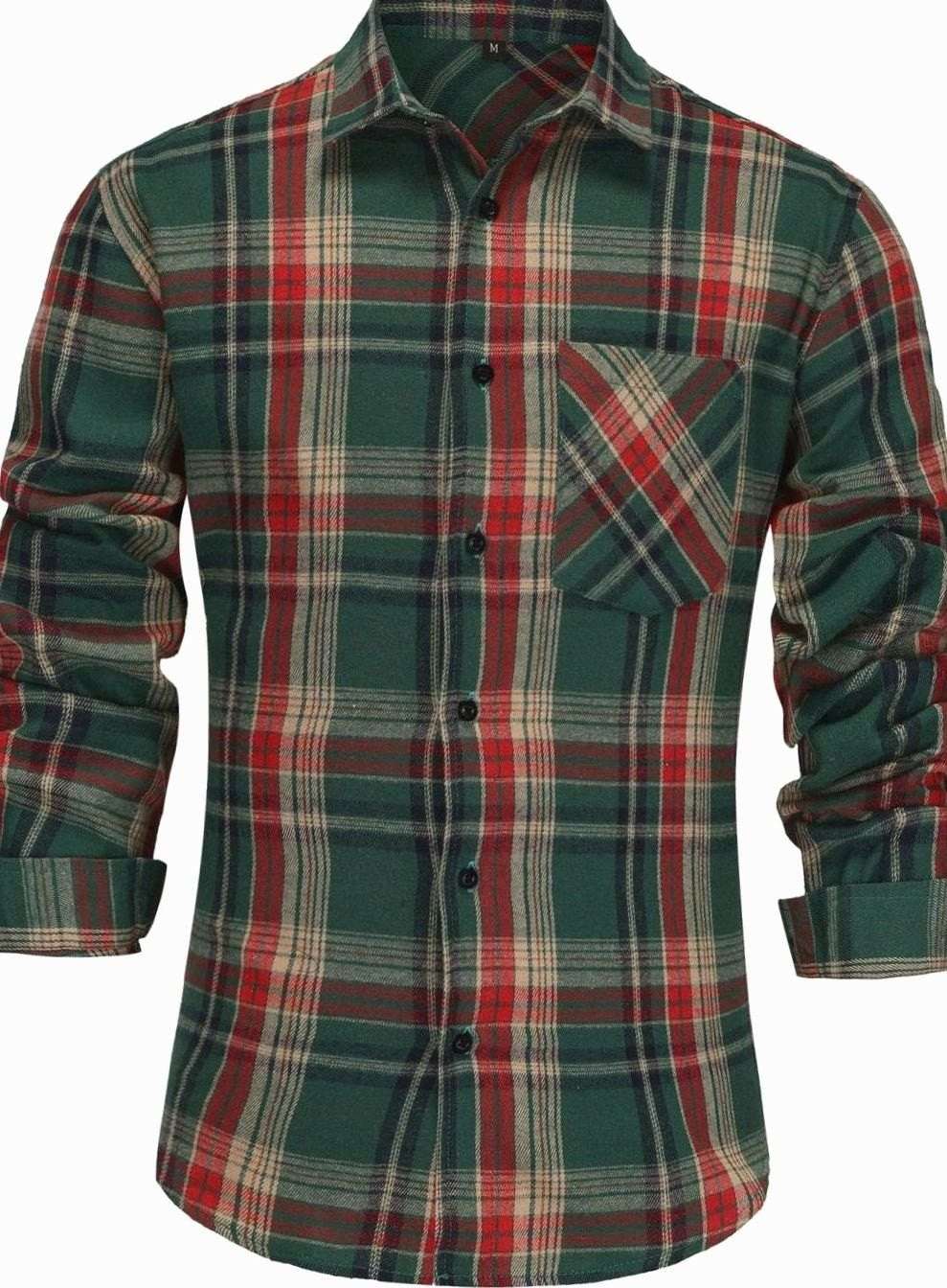 Green and red plaid flannel shirt with button-up front and chest pocket
