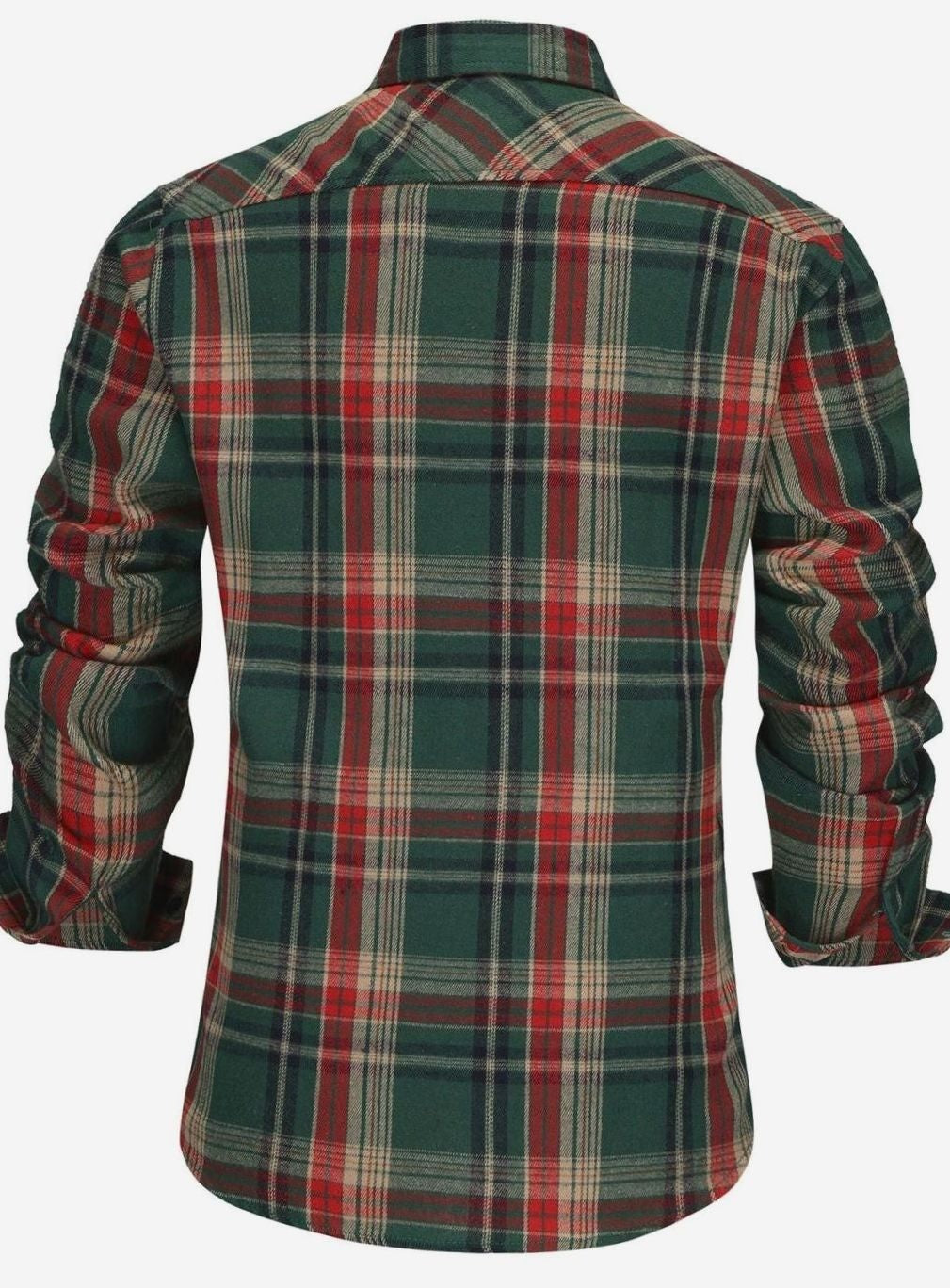 Rear view of green tartan flannel shirt showing check pattern across back