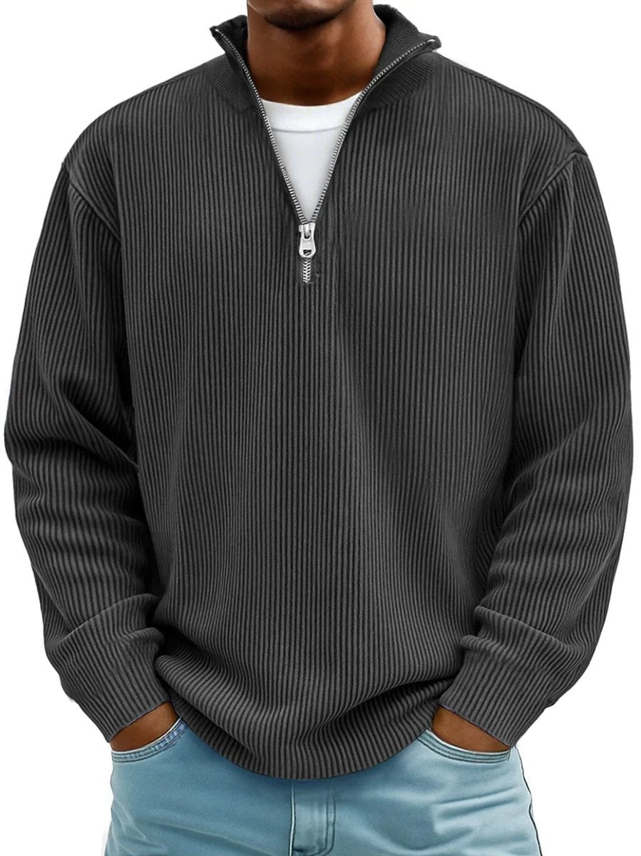 Charcoal grey ribbed knit quarter-zip jumper with mock neck collar