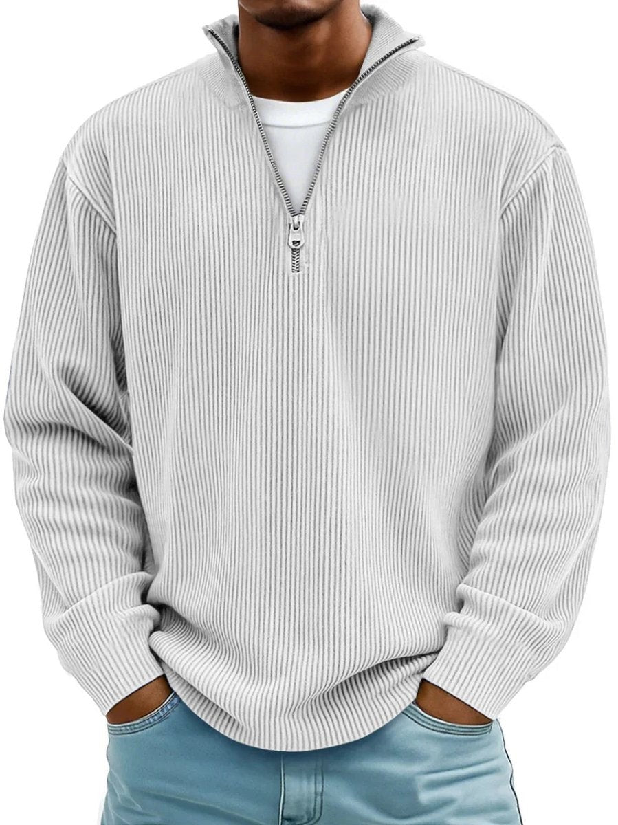 Light grey ribbed knit quarter-zip jumper with mock neck collar