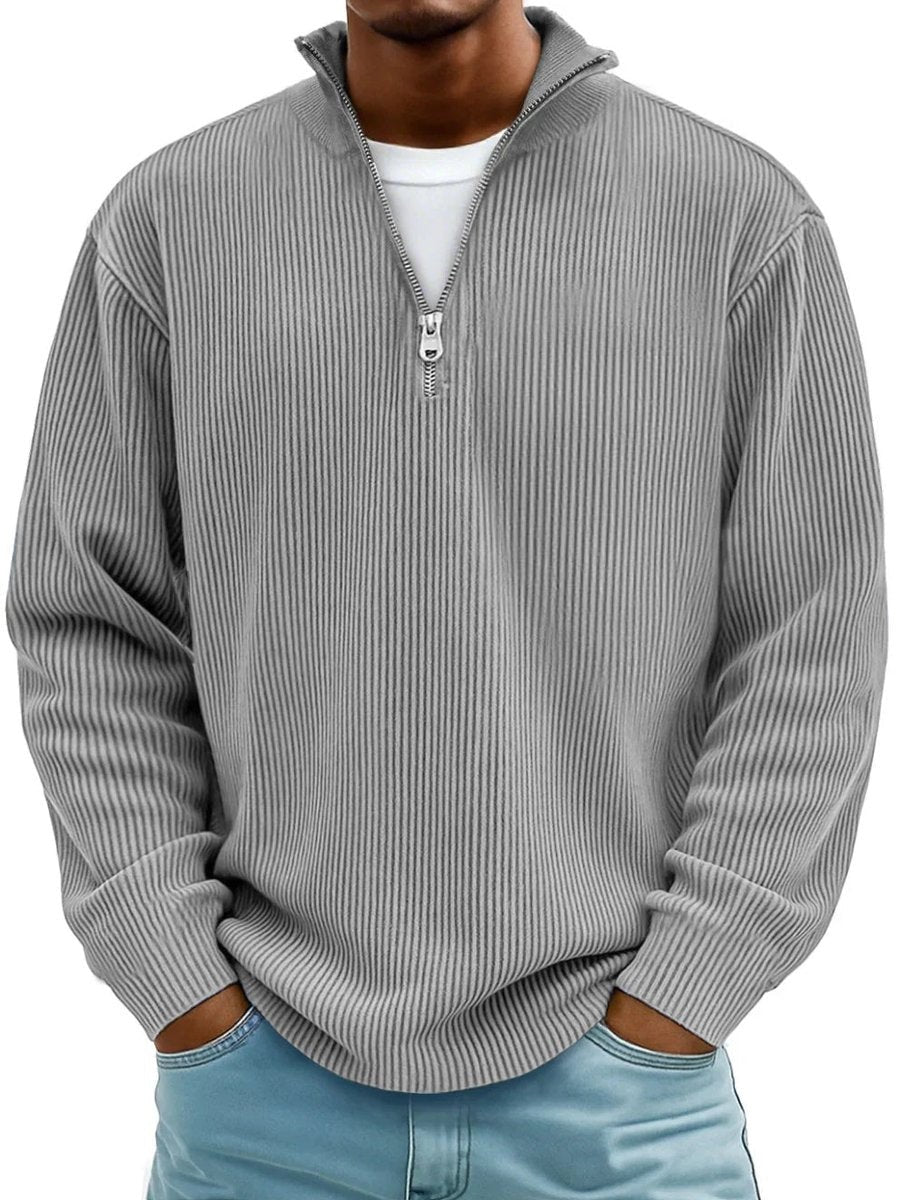 Grey ribbed knit quarter-zip jumper with mock neck collar