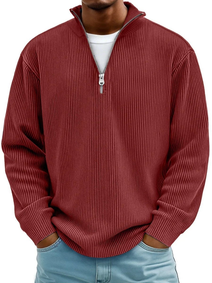 Rust red ribbed knit quarter-zip jumper with stand collar on model