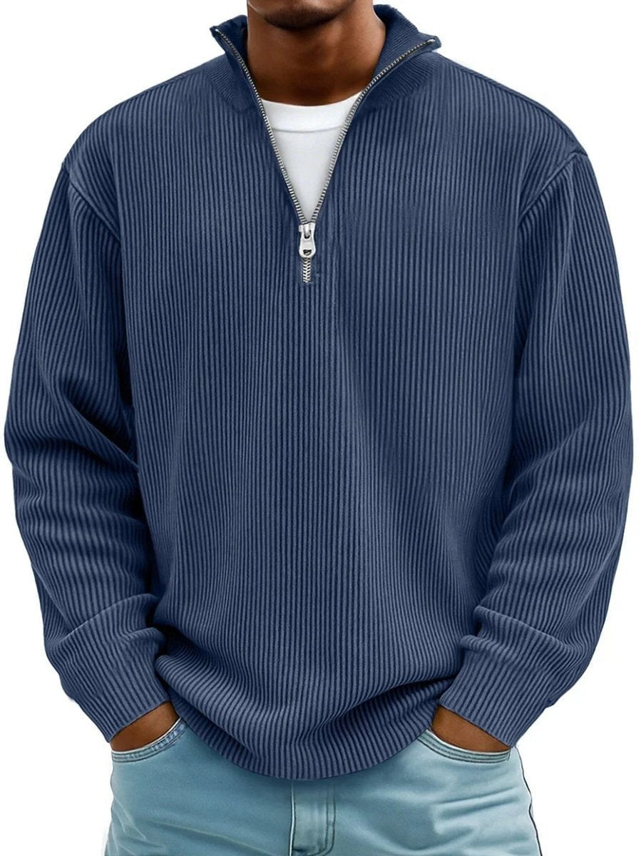 Navy ribbed knit quarter-zip pullover with stand-up collar detail