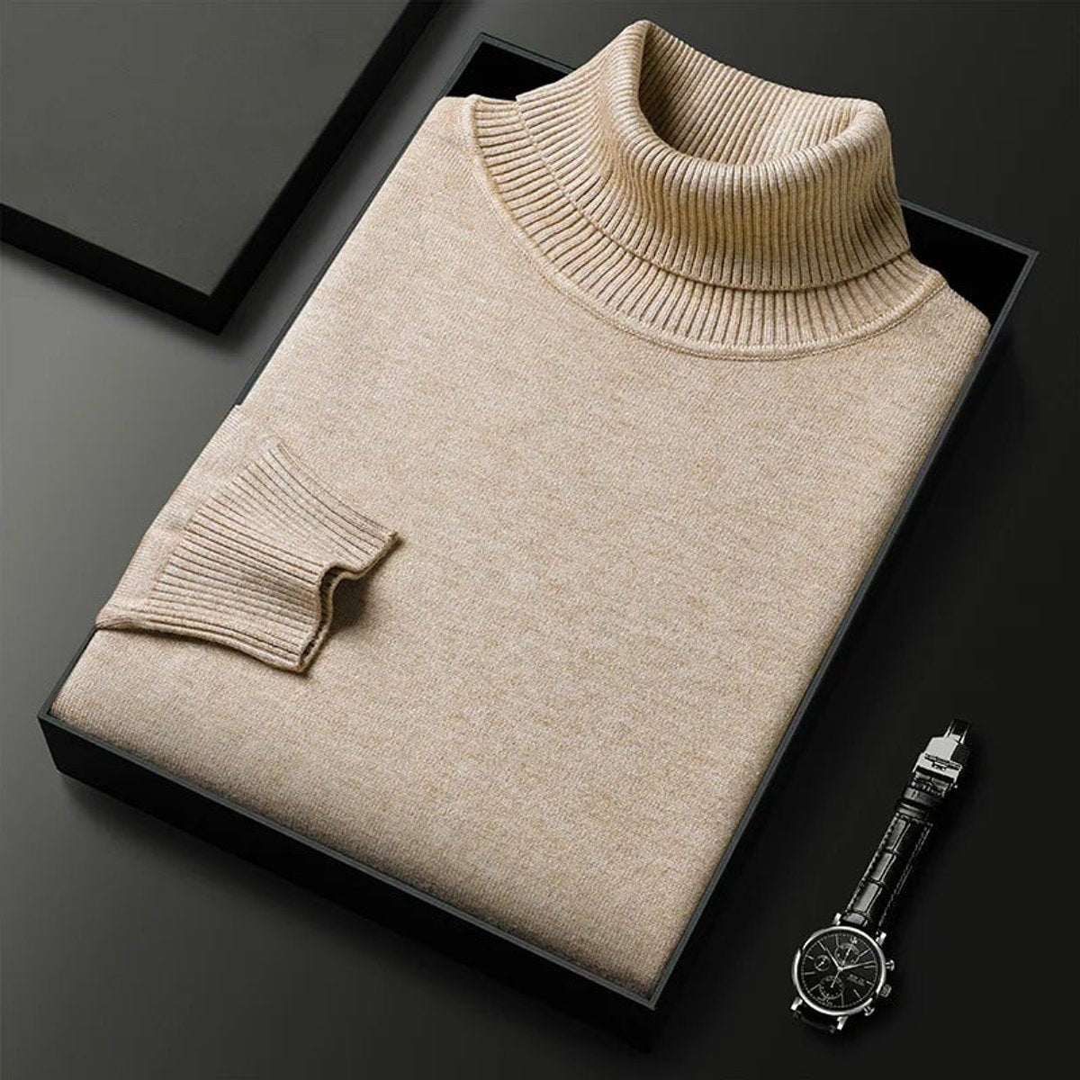Folded beige turtleneck jumper with ribbed knit cuffs in gift box