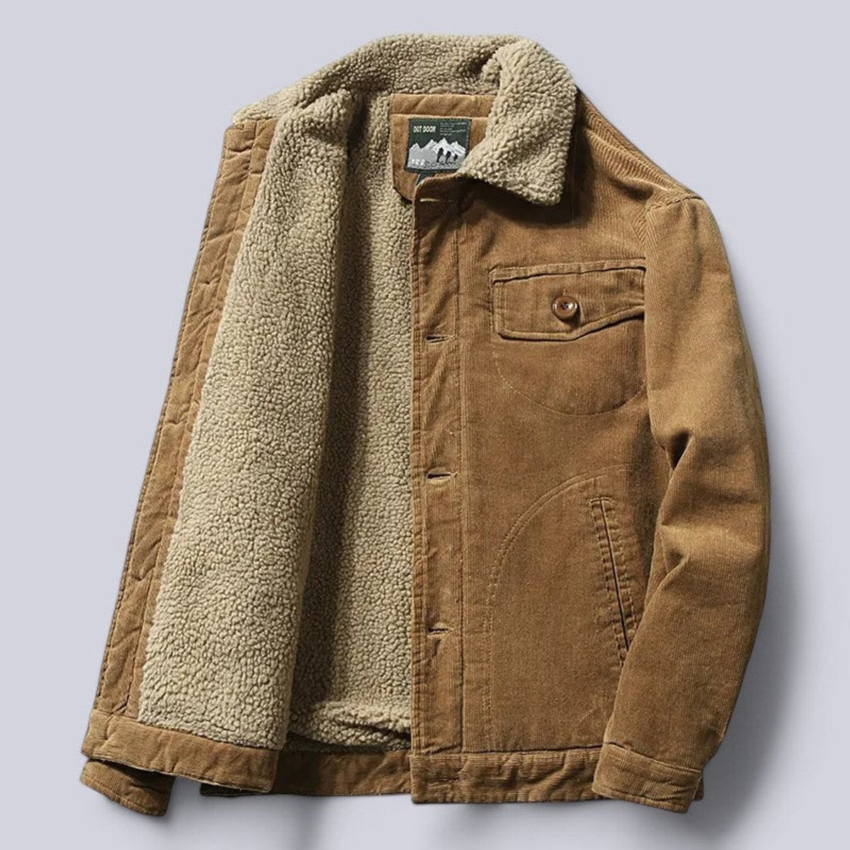 Camel corduroy jacket open to reveal cosy sherpa fleece lining