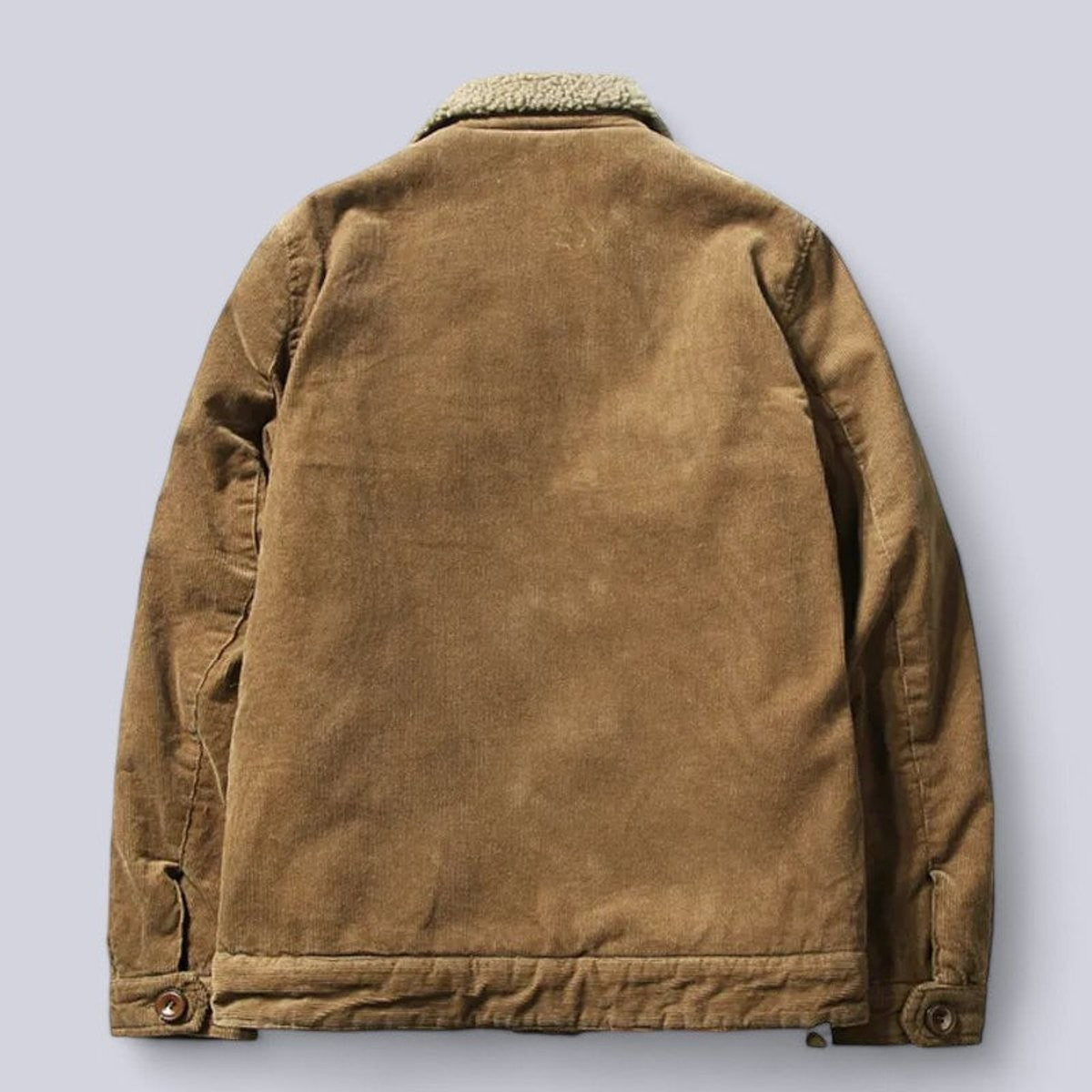 Rear view of camel corduroy jacket with sherpa collar detail