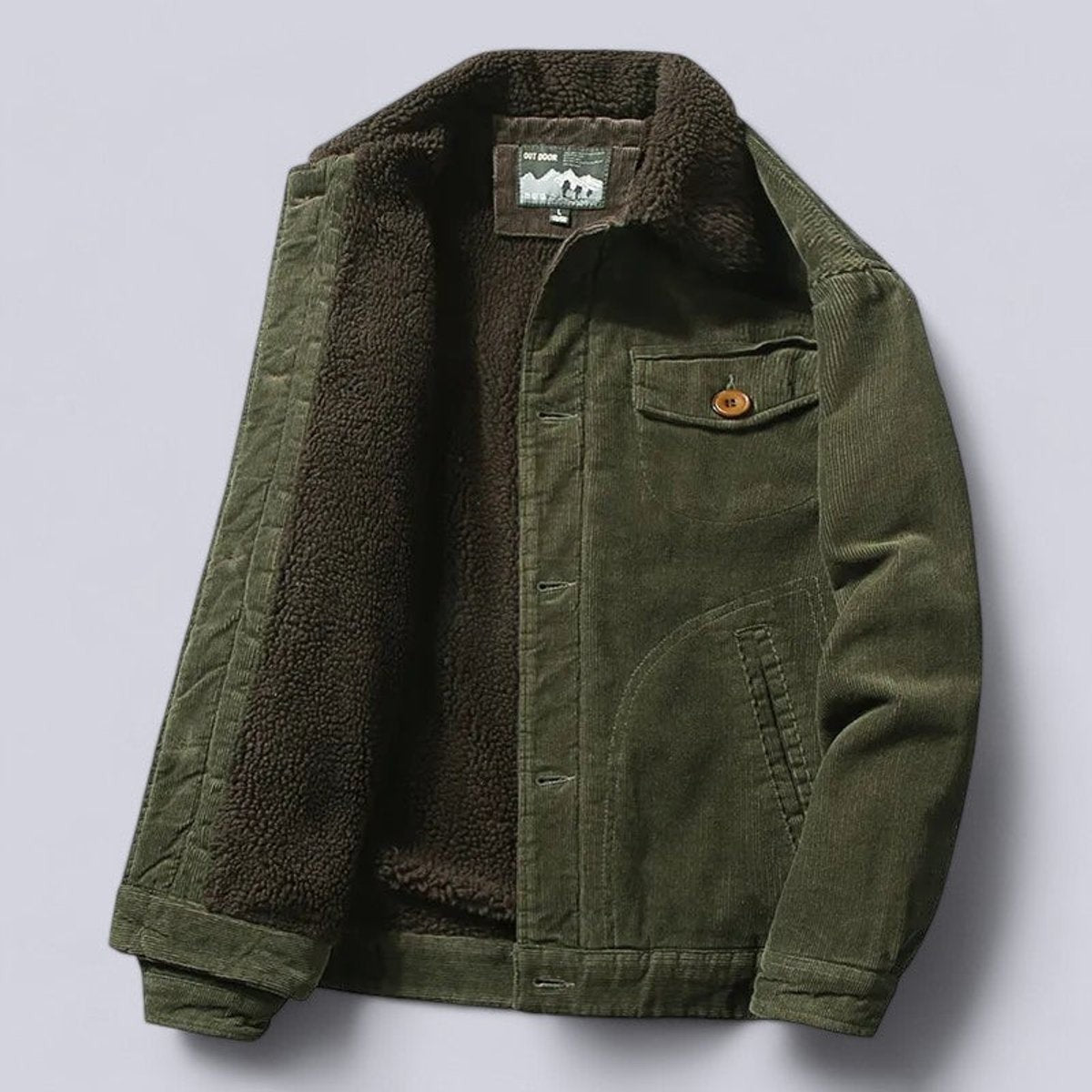 Olive green corduroy jacket open with dark brown sherpa lining
