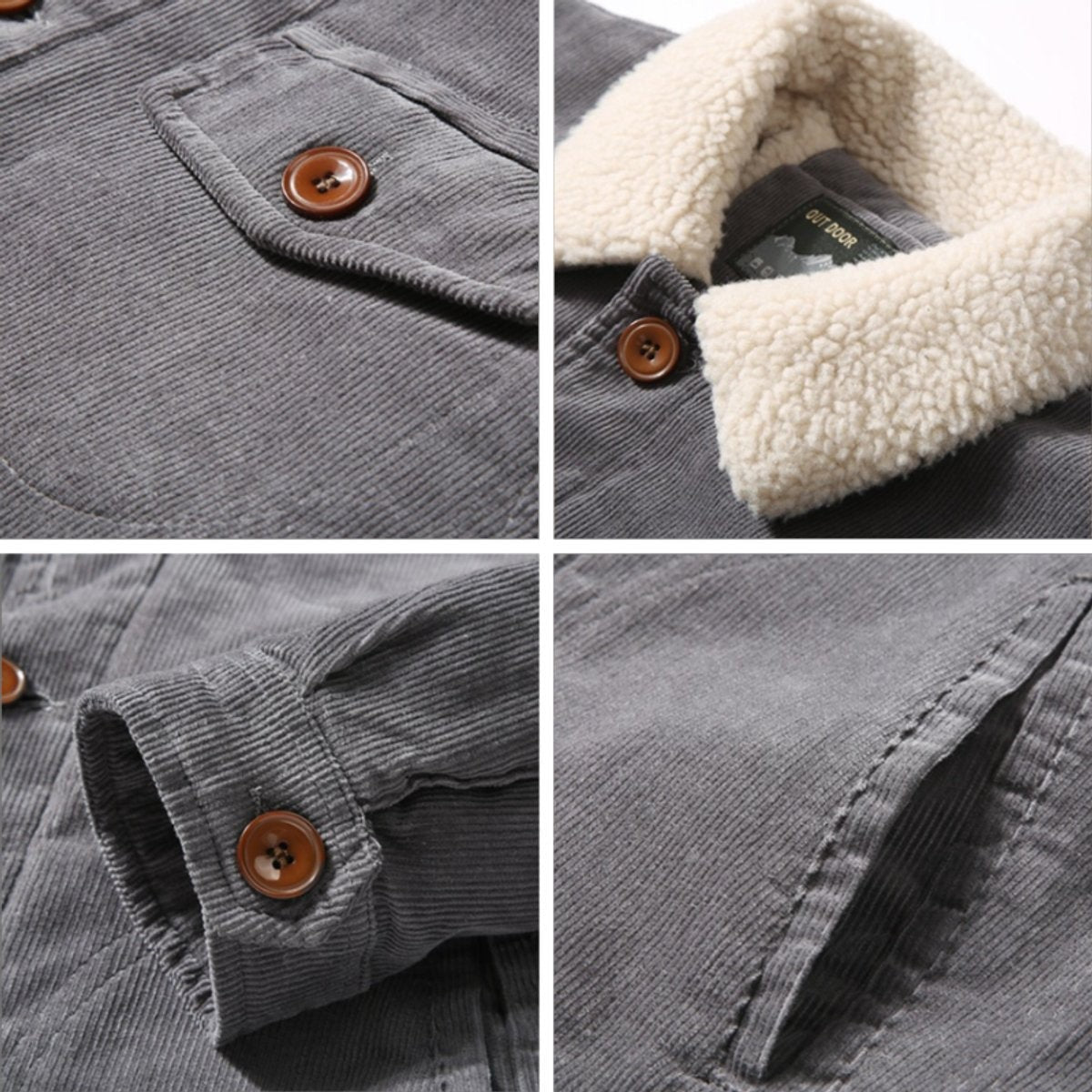 Close-up details of grey corduroy jacket showing buttons, collar and cuff stitching