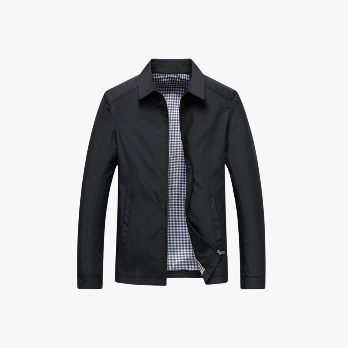 Black windbreaker jacket flat lay showing zip fastening and side pockets