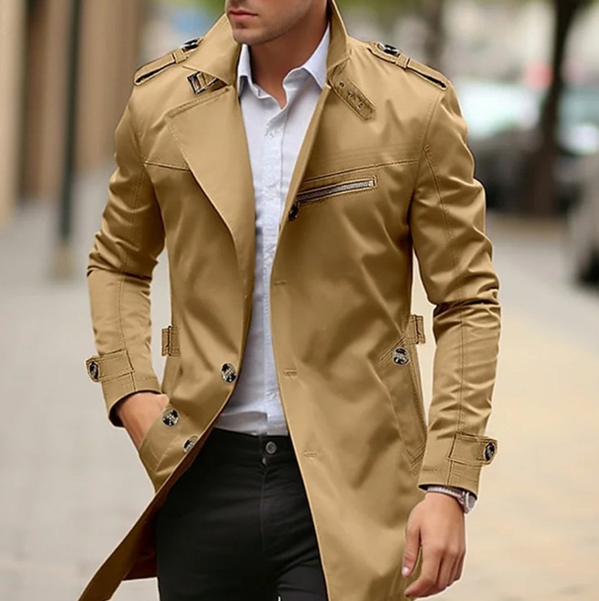 Camel slim-fit trench coat with stand collar worn over white shirt